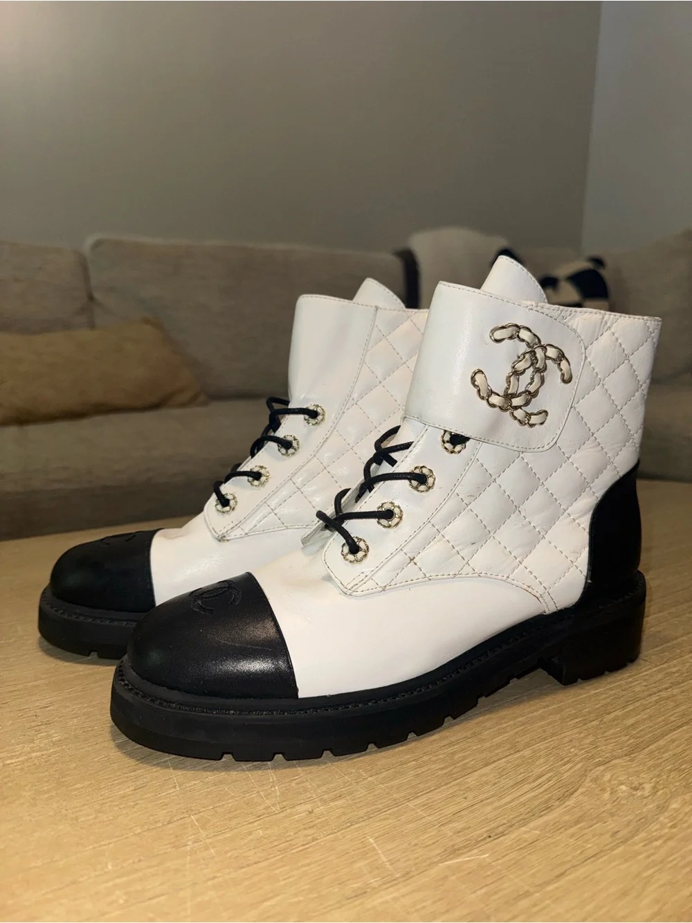 CHANEL White & Black Quilted Lace-Up Boots